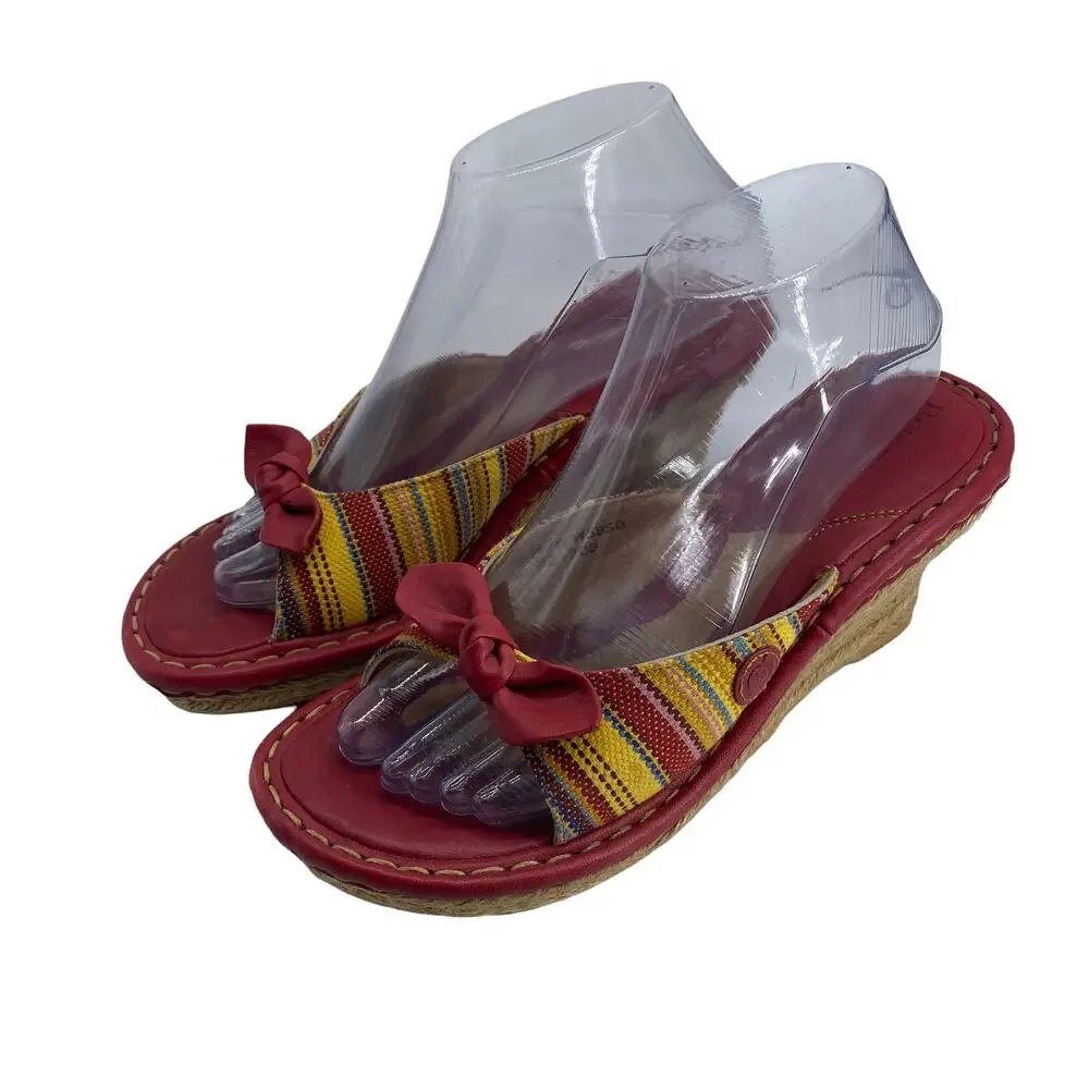 BORN Drilles 8 / 39 Striped Espadrilles Wedge Mule Open Toe Red Bow W5850